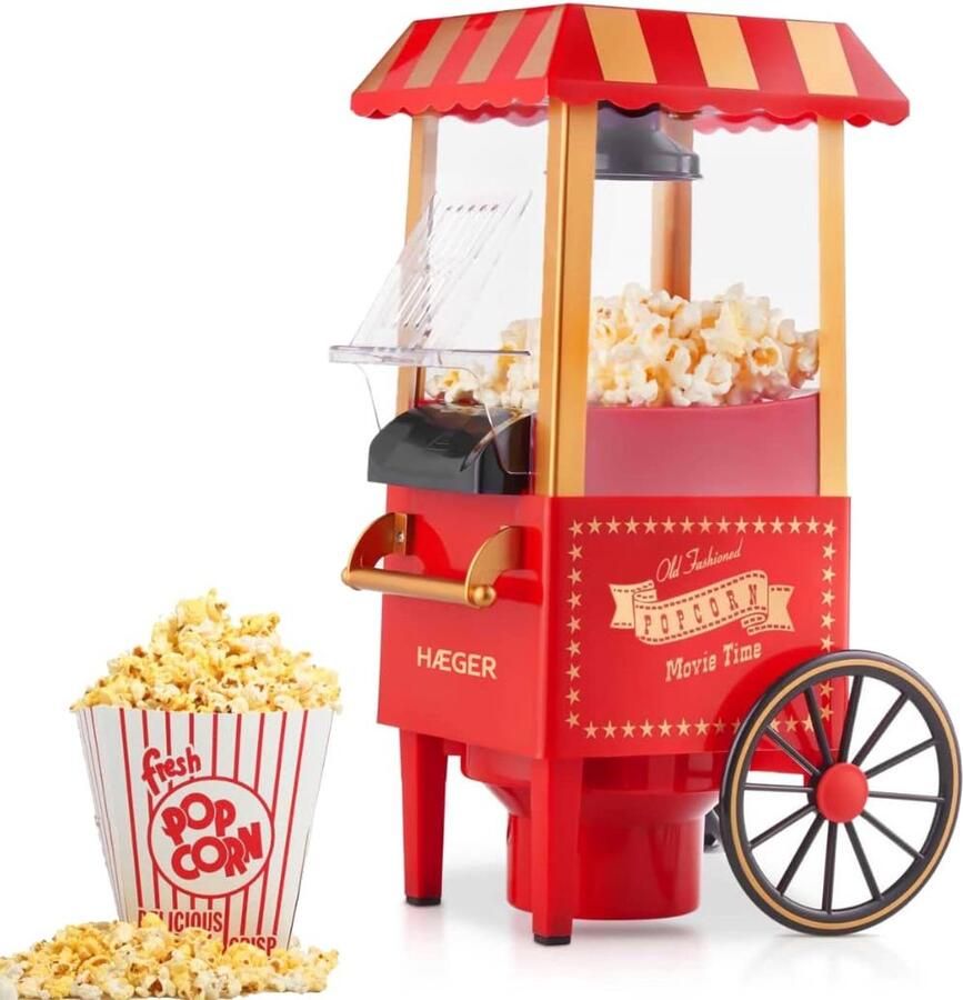 Haeger Popper Popcorn machine Anti-aanbaklaag & Popcorn In 2 Minuten Retro Popcornmaker 1200W Rood