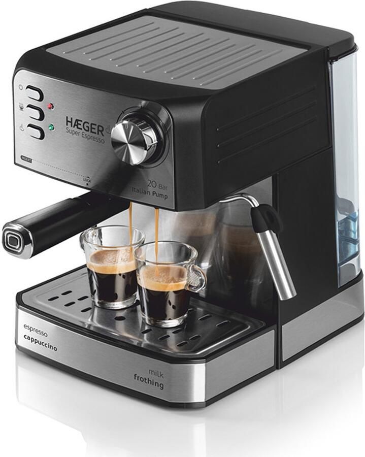 Haeger Super Espresso Pistonmachine Espressomachine 20 Bar Pistonmachine met stoompijpje Kopjesverwarmer Coffee Machine RVS Zilver