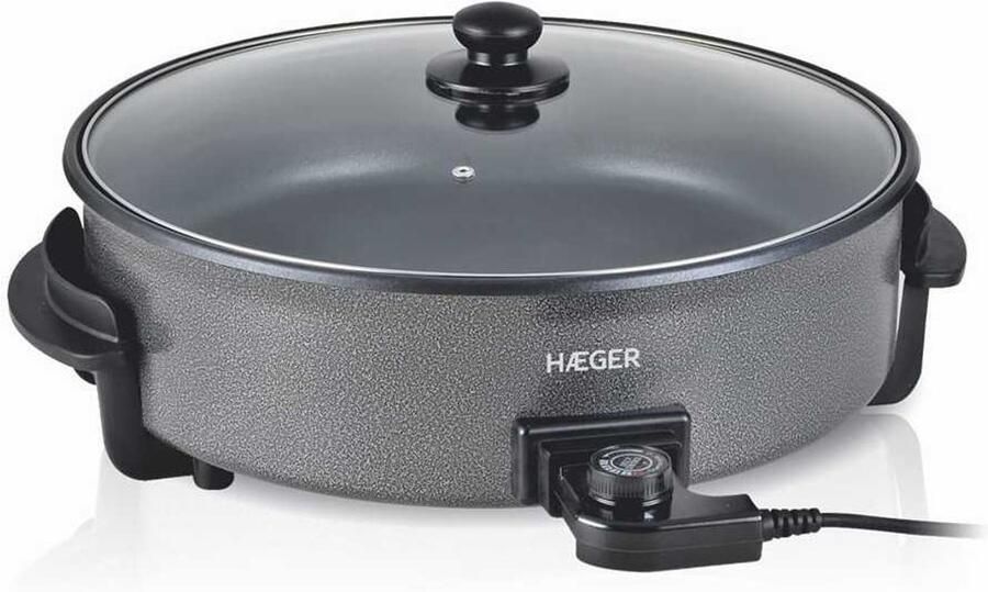Haeger Top Gourmet Elektrische Hapjespan 42 cm Anti Aanbaklaag & Thermostaat – 1500W – PFAS-vrij Met Deksel Electrische Pan Zwart