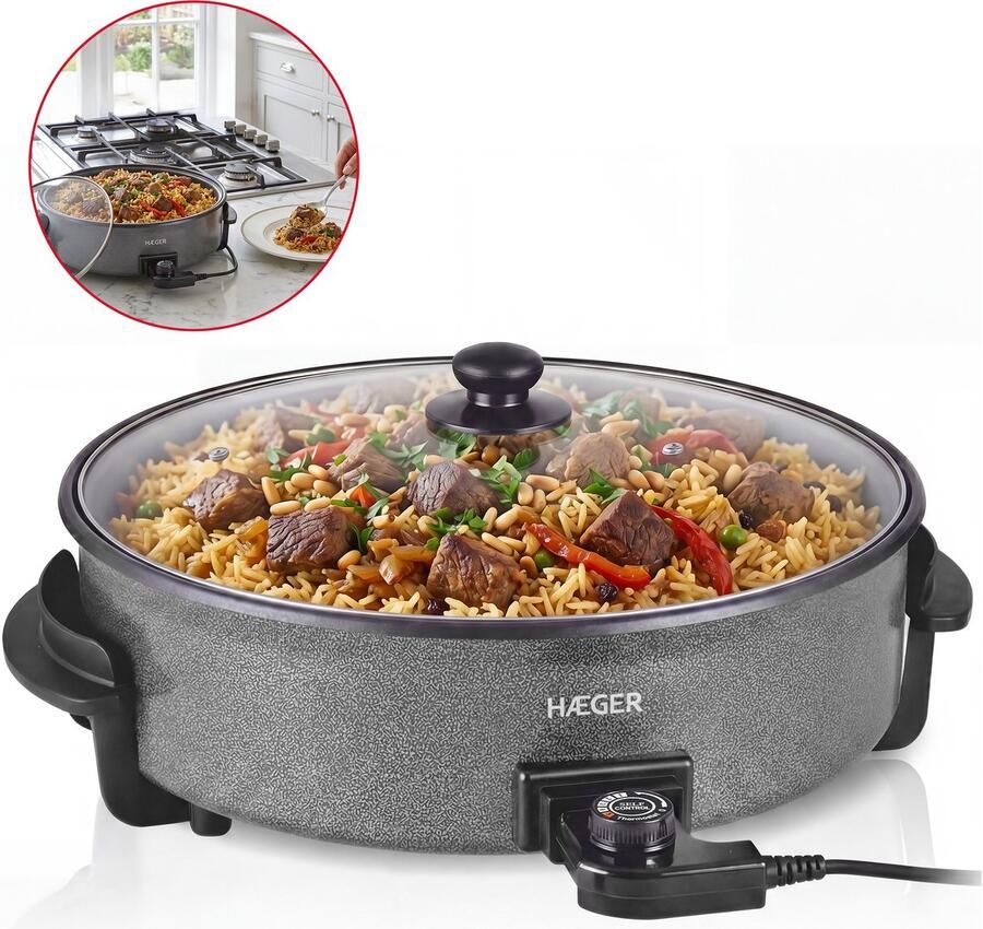 Haeger Top Gourmet Elektrische Hapjespan 42 cm Anti Aanbaklaag & Thermostaat – 1500W – PFAS-vrij Met Deksel Electrische Pan Zwart