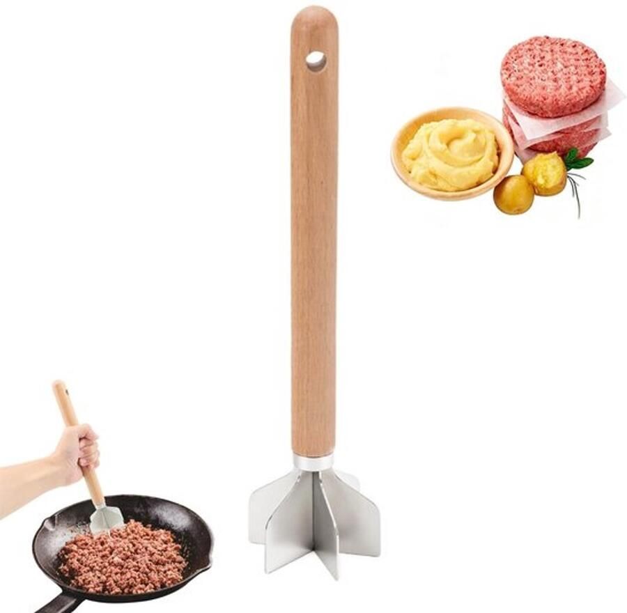 Handmatige vleesmolen multifunctionele hakmolen met houten handvat aardappelpers van roestvrij staal voor groenten aardappelen rundvlees gevogelte 28 cm