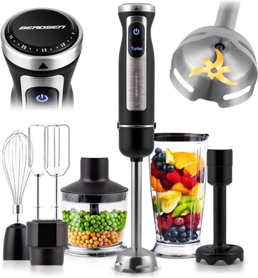 Handmixer pureerstaaf 1500 W multifunctioneel met accessoires turbo-functie 800 ml staal kunststof grijs zwart
