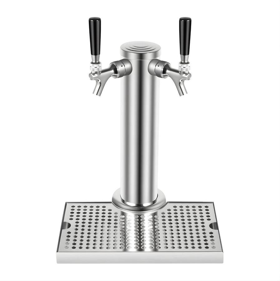 Happiq Biertap Toren RVS – 2 Kraan Kolom Dispenser – Met Druppelbak – Voor Bar Restaurant en Thuisgebruik – Zilver