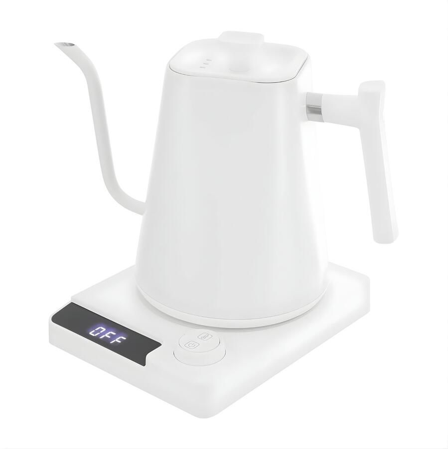 Happiq Elektrische Waterkoker met LED Display – RVS Gooseneck Waterkoker met Basis – Precisie Schenktuit voor Thee en Koffie – Geschikt voor Kantoor en Hotel – Wit