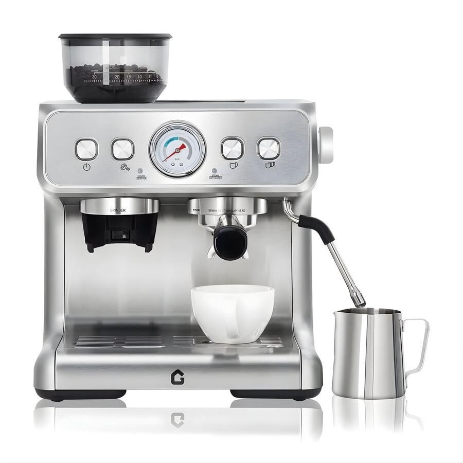 Happiq Espressomachine 1500W 15 Bar Met Koffiemolen & Melkopschuimer Zilver