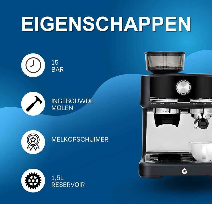 Happiq Espressomachine met ingebouwde grinder en melkopschuimer Zwart voor Thuis en Professioneel Gebruik