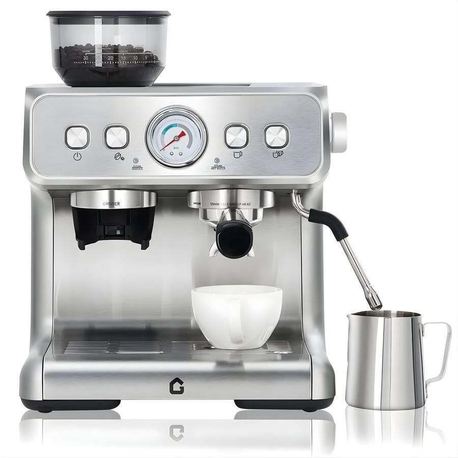 Happiq Espressomachine met ingebouwde molen en melkopschuimer 15 bar semi-automatisch barista-kwaliteit koffie Zilver kleur 400x400 cm