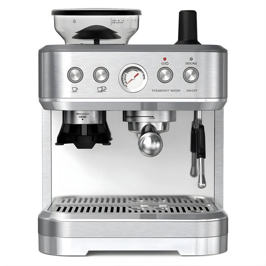 Happiq Espressomachine met ingebouwde molen Zilver kleur roestvrij staal 400x400 cm