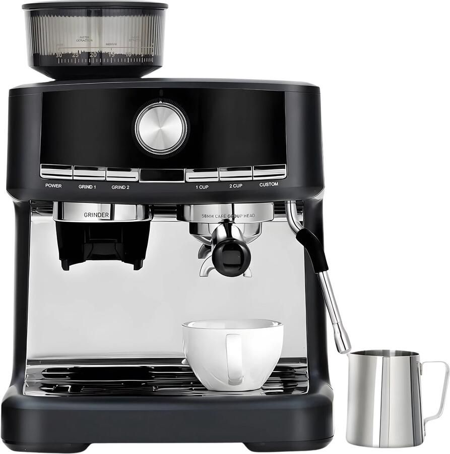 Happiq Espressomachine Voor Thuis of Kantoor Cappuccino- en Espressofunctie met Melkopschuimer 15 bar RVS 30 Maalinstellingen Zwart