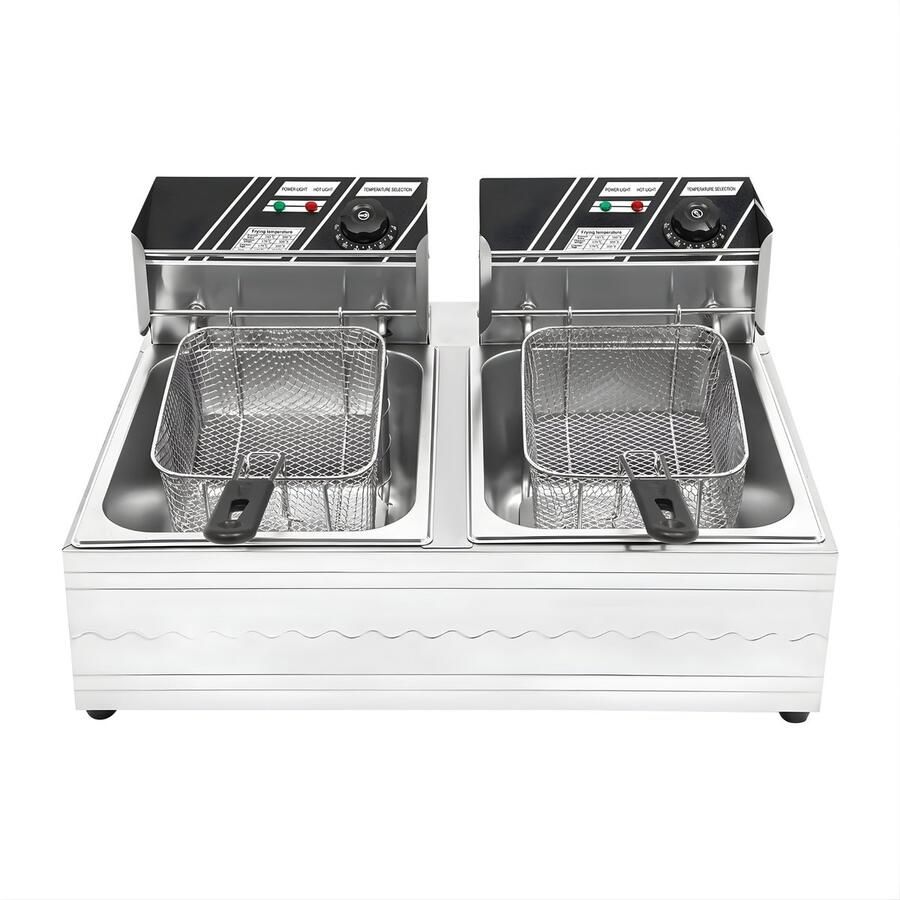 Happiq Friteuse – Voor Horeca & Keuken – Elektrische RVS Frituurmachine 220V 12L Dubbele Cilinder met Instelbare Temperatuur 60–200°C – Zilver