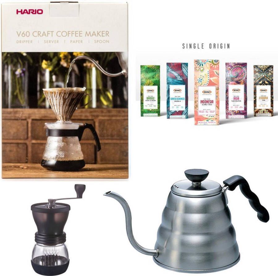 Hario Bristot Hario V60 slow coffee starter kit + Hario Koffiemolen + Hario Waterketel 1 2ltr + Bristot single origin koffiebonen pakket