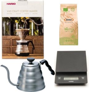 Hario V60 slow coffee kit + V60 Weegschaal + V60 Waterketel 1.2 liter + Bristot BIO 100% biologische koffie