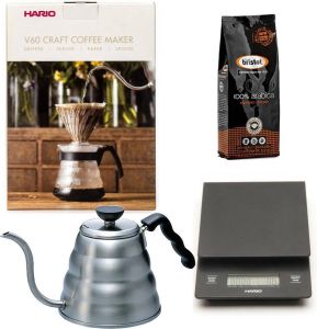 Hario V60 slow coffee kit + V60 Weegschaal + V60 Waterketel 1.2 liter + Bristot Diamante 100% Arabica gemalen koffie