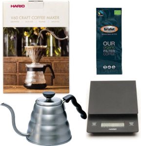 Hario V60 slow coffee kit + V60 Weegschaal + V60 Waterketel 1.2 liter + Bristot OUR Biologische Filter Koffie