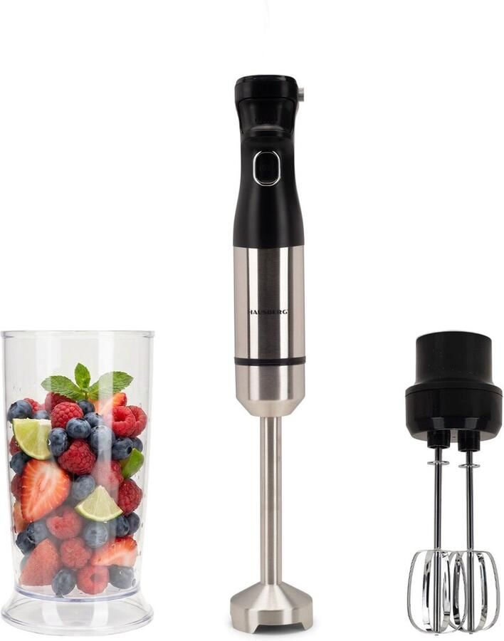 HAUSBERG 3-in-1 Staafmixer 1000W – Digitaal LED Display met Snelheidsniveaus – 0 7L Maatbeker – RVS Handblender – Turbofunctie – Stille Koperen Motor