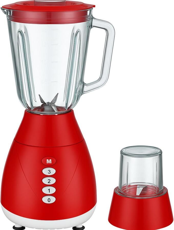 HAUSBERG Elektrische Blender Set – Met Glazen Blenderkan & Hakmolen Rood – 4 Snelheden + Pulse – Krachtige Motor – RVS Messen – Ideaal voor Smoothies Hakken & Mixen