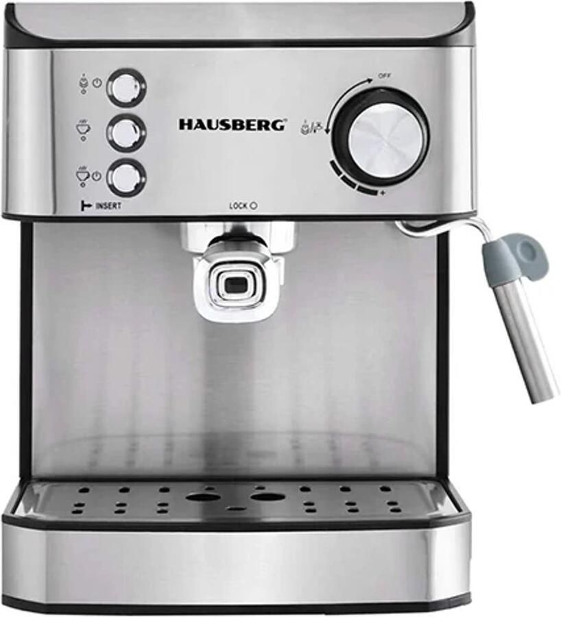 HAUSBERG Elektrische Espressomachine – 15 Bar – RVS – Geschikt voor Koffiepads & Gemalen Koffie – Italiaanse Pomp – Dubbele RVS Filter – Stoomfunctie – Thermostaat – Oververhittingsbeveiliging