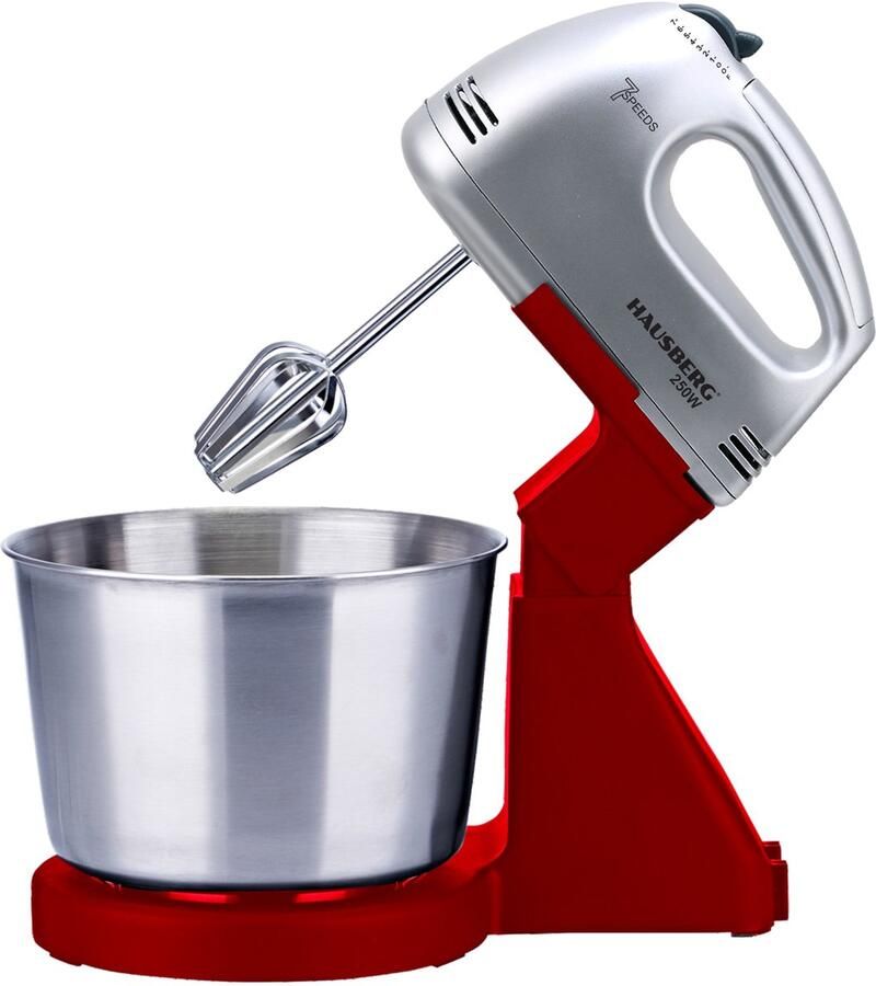 HAUSBERG Elektrische Mixer met Mengkom – 7 Snelheden – 250W – Inclusief Kloppers & Deeghaken – Handmixer met Standaard – RVS Mengkom – Ideaal voor Beslag Deeg & Slagroom