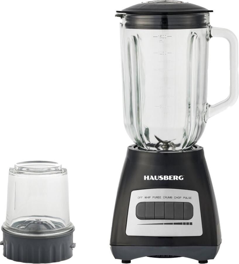HAUSBERG HB-7772NG Blender – 500W Keukenblender met 1 5L Glazen Kan + Grinder Zwart
