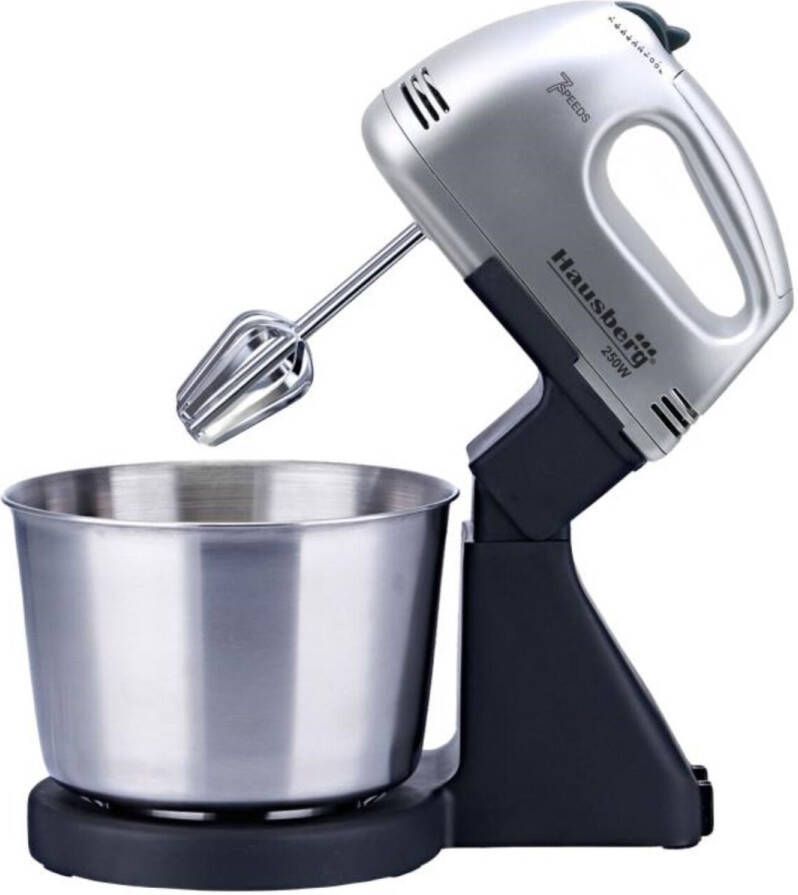 HAUSBERG HB-3551NG Mixer met Mengkom – 250W – 7 snelheden – 2L RVS kom – Inclusief 2 kloppers & 2 deeghaken – Koperen motor – Compact & krachtig