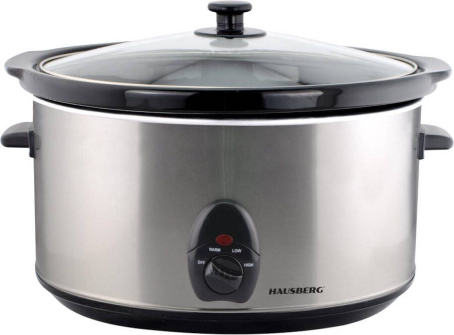 HAUSBERG HB-1301IN Slowcooker 6 5L – RVS – 320W – 3 Warmtestanden & Warmhoudfunctie – Glazen Deksel – Gezond en Gemakkelijk Koken