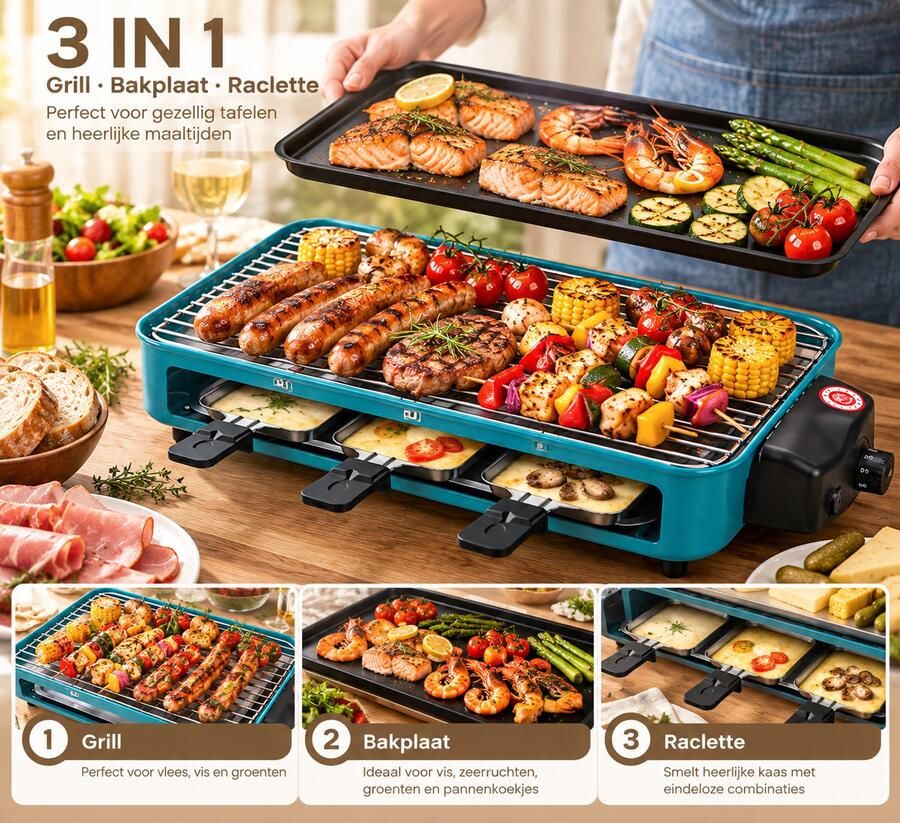HAVOONA 3-in-1 Elektrische Grill & Raclette – 1350W – 46×22.5 cm Grill Bakplaat & Raclette – 5 Temperatuurstanden – Voor Gezellig Gourmetten