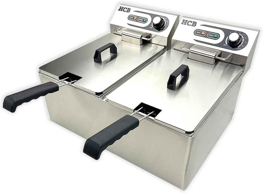 HCB Professionele grote Horeca frituurpan Dubbele friteuse 2 x 10.5 liter 2 x 230V RVS INOX frietketel frietpannen frietpan 47.5x57x35 cm (DxBxH) 6000W 2596