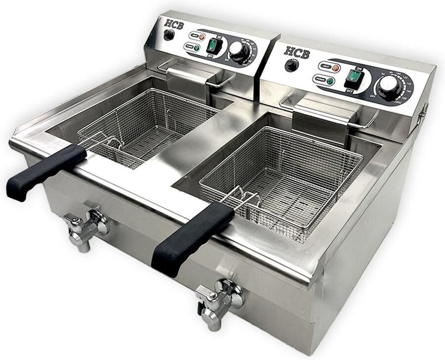 HCB Professionele grote Horeca frituurpan Dubbele friteuse 2 x 14 liter 2 x 230V RVS INOX frietketel frietpannen frietpan met kraantje aftapkraan 53x69x38 cm (DxBxH) 6000W 7612