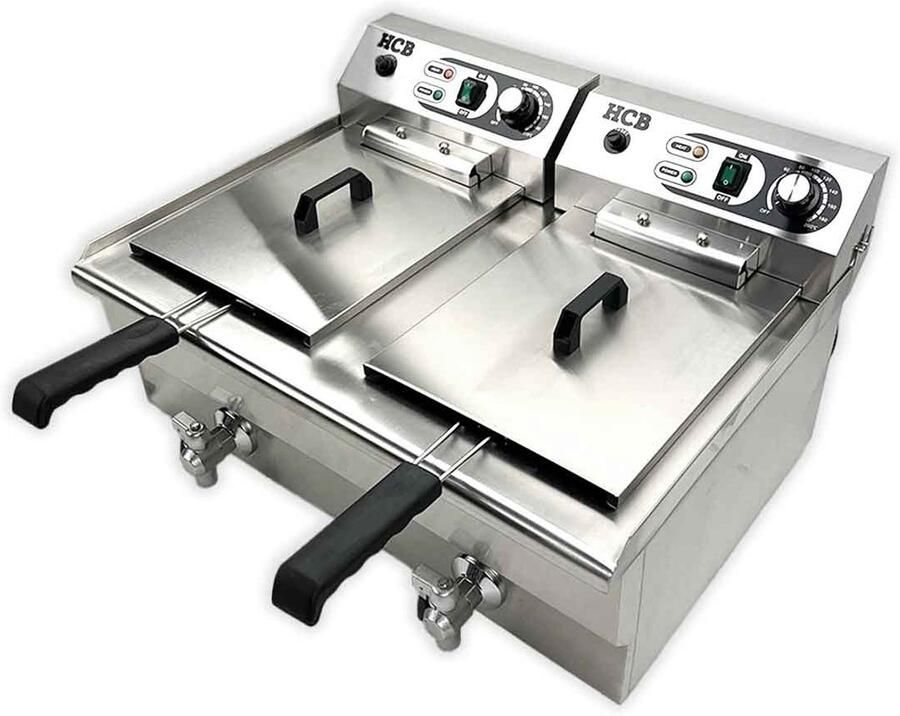 HCB Professionele grote Horeca frituurpan Dubbele friteuse 2 x 14 liter 2 x 400V RVS INOX frietketel frietpannen frietpan met kraantje aftapkraan 53x68.6x38 cm (DxBxH) 10000W 2599