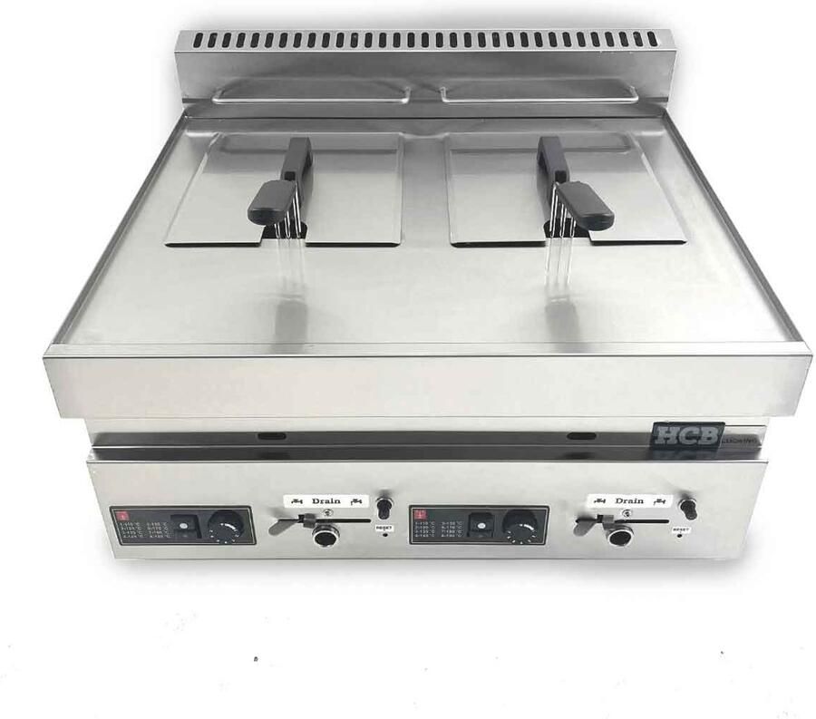 HCB Professionele grote Horeca frituurpan dubbele Friteuse aardgas 2 x 8 liter RVS INOX frietketel frietpannen frietpan 65x70x32 cm (DxBxH) 13000W 8612