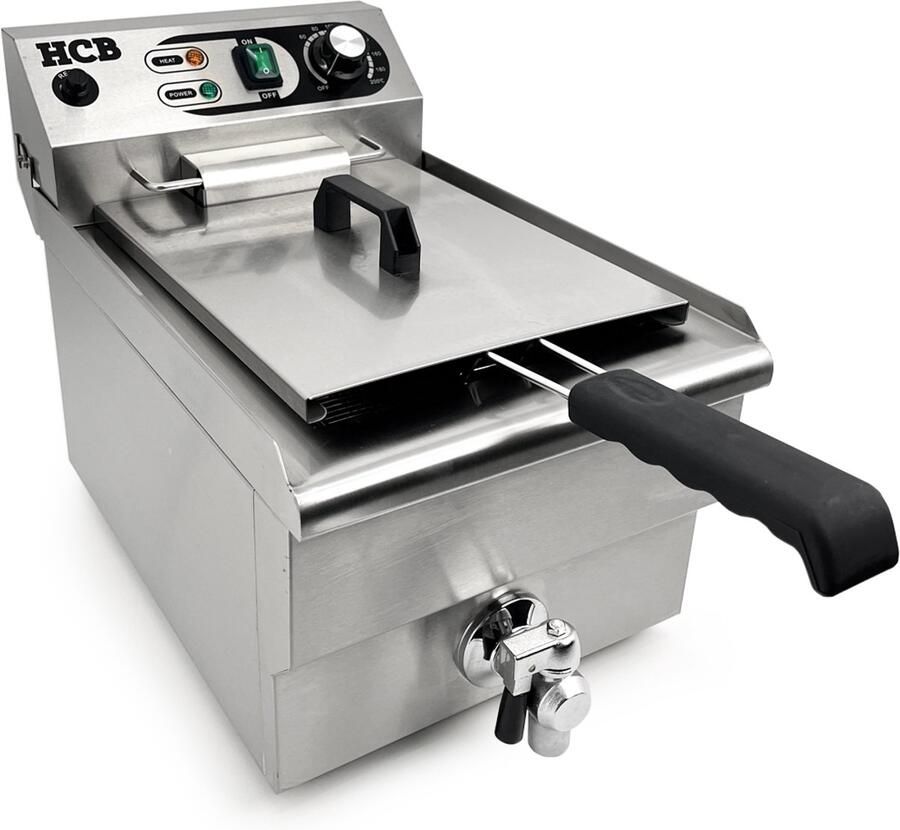 HCB Professionele grote Horeca frituurpan Friteuse 12 liter 230V RVS INOX frietketel frietpannen frietpan met kraantje aftapkraan 49x31x36 cm (DxBxH) 3000W 8731