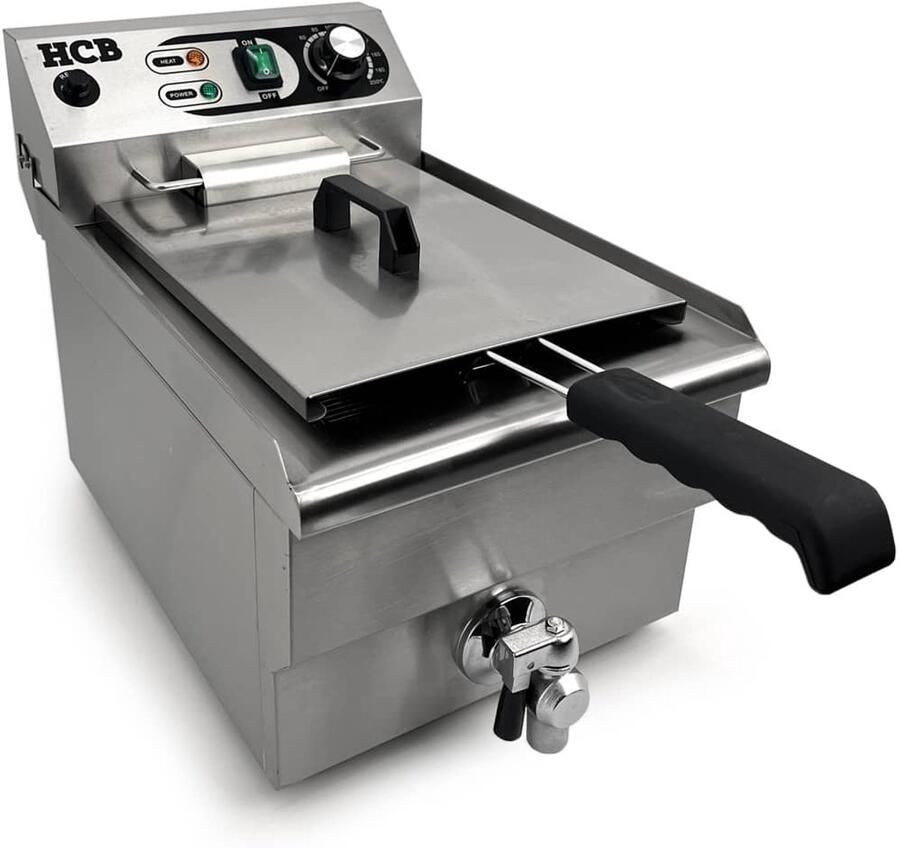 HCB Professionele grote Horeca frituurpan Friteuse 12 liter 230V RVS INOX frietketel frietpannen frietpan met kraantje aftapkraan 49x31x36 cm (DxBxH) 3000W 8731