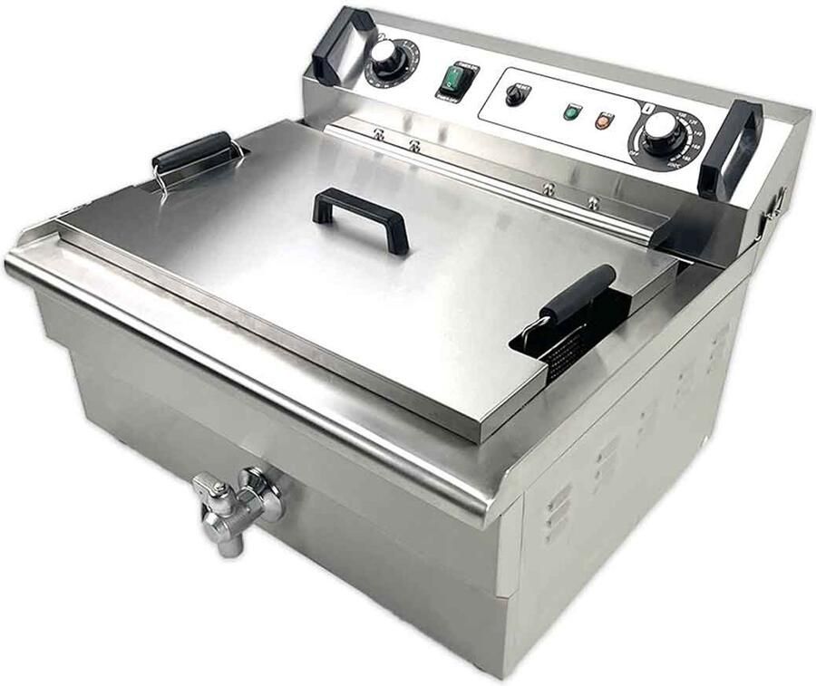HCB Professionele grote Horeca frituurpan Friteuse 30 liter 400V RVS INOX frietketel frietpannen frietpan met kraantje aftapkraan 57.5x60.6x40.7 cm (DxBxH) 6000W 6845