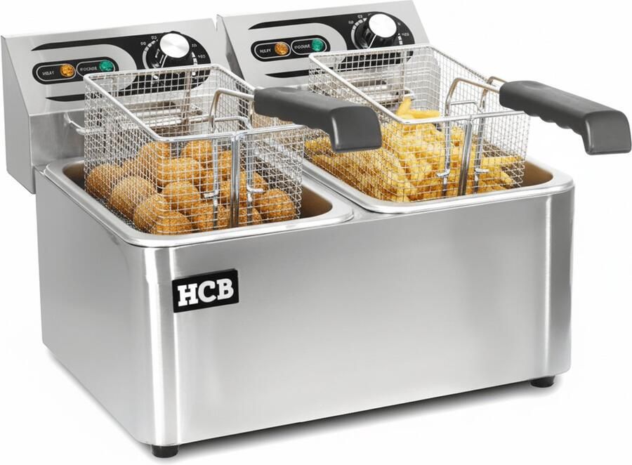 HCB Professionele Horeca frituurpan Dubbele friteuse 2 x 4.5 liter 2 x 230V RVS INOX frietketel frietpannen frietpan 38.5x45x31.5 cm (DxBxH) 5000W 2584
