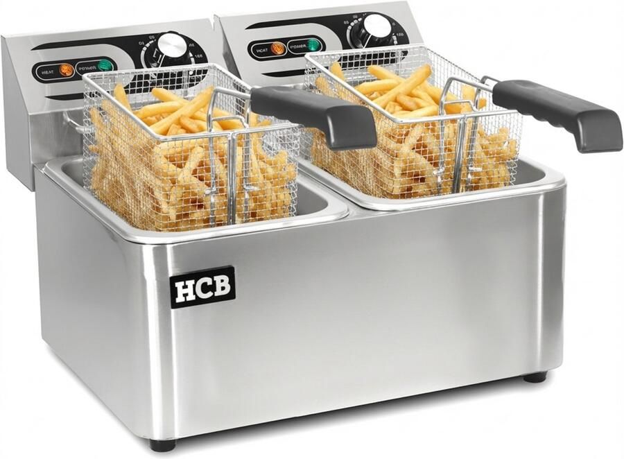 HCB Professionele Horeca frituurpan Dubbele friteuse 2 x 4.5 liter 2 x 230V RVS INOX frietketel frietpannen frietpan 38.5x45x31.5 cm (DxBxH) 5000W 2584
