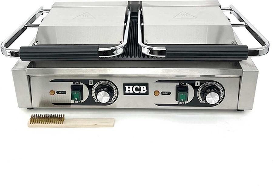 HCB Professionele Horeca Paninigrill dubbel geribbeld 2 x 230V RVS INOX panini grill Tosti apparaat contact grill 84.5x30.5x20 cm (BxDxH) 20 kg 6848