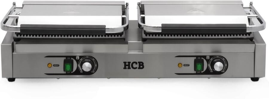 HCB Professionele Horeca Paninigrill dubbel geribbeld 2 x 230V RVS INOX panini grill Tosti apparaat contact grill 56.5x30.5x20 cm (BxDxH) 20 kg 8734 - Foto 3