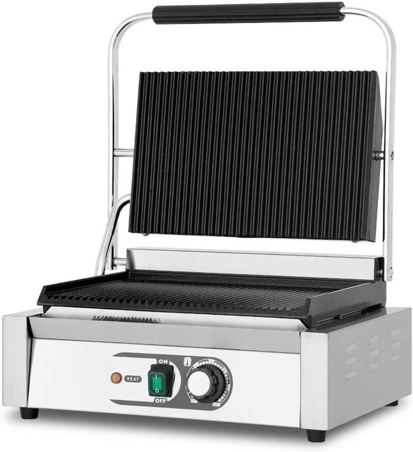 HCB Professionele Horeca Paninigrill dubbel geribbeld 230V RVS INOX panini grill Tosti apparaat contact grill 36.5x43x21 cm (DxBxH) 20 kg 8724