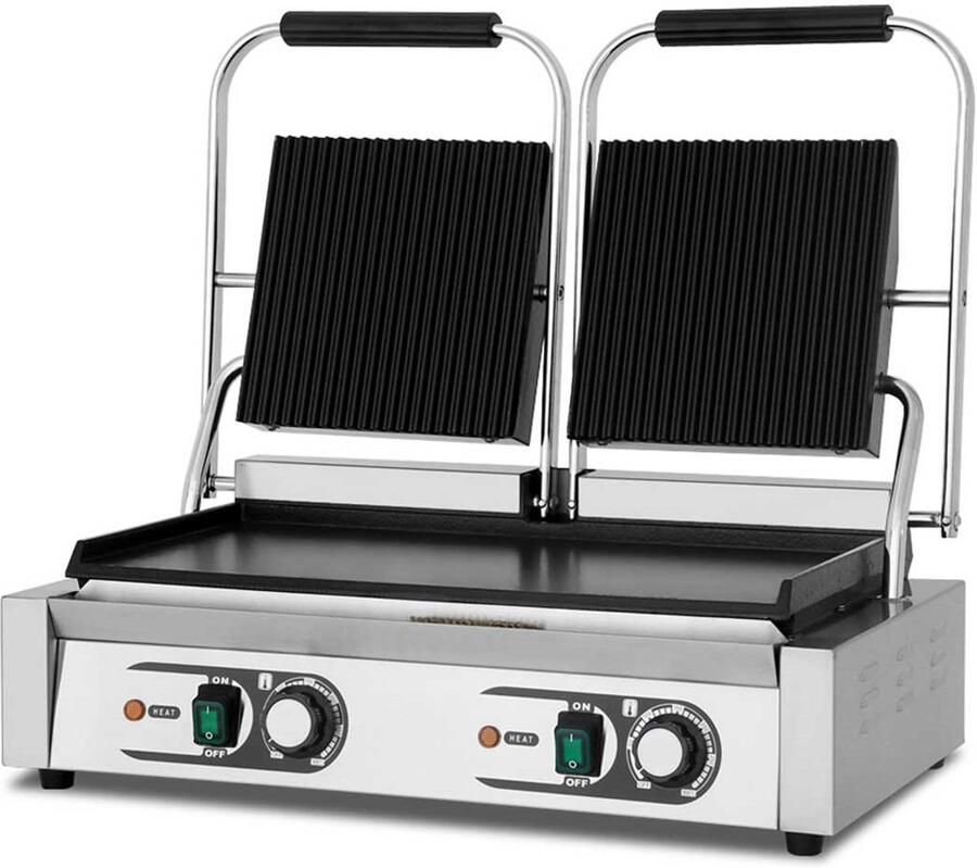 HCB Professionele Horeca Paninigrill dubbel geribbeld glad 230V RVS INOX panini grill 30.5x56.5x20 cm (DxBxH) 20 kg 1701