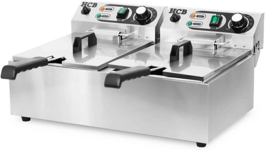 HCB Professionele grote Horeca frituurpan Dubbele friteuse 2 x 8.5 liter 2 x 230V RVS INOX frietketel frietpannen frietpan met kraantje aftapkraan 50x57x35 cm (DxBxH) 6000W 8729 - Foto 3