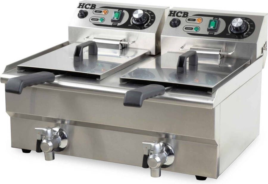 HCB Professionele grote Horeca frituurpan Dubbele friteuse 2 x 8.5 liter 2 x 230V RVS INOX frietketel frietpannen frietpan met kraantje aftapkraan 50x57x35 cm (DxBxH) 6000W 8729 - Foto 2