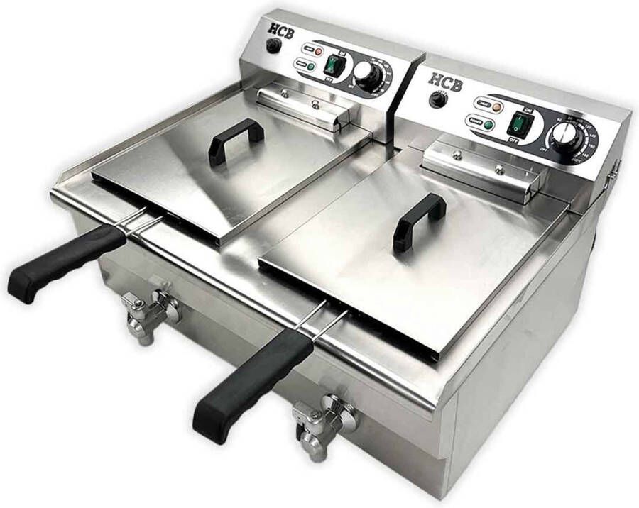 HCB Professionele grote Horeca frituurpan Dubbele friteuse 2 x 14 liter 2 x 400V RVS INOX frietketel frietpannen frietpan met kraantje aftapkraan 53x68.6x38 cm (DxBxH) 10000W 2599