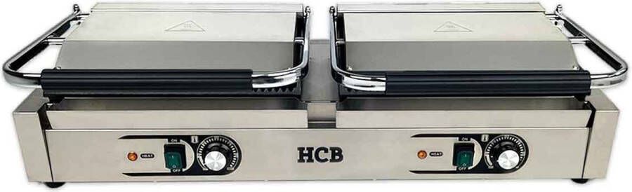 HCB Professionele Horeca Paninigrill dubbel geribbeld 2 x 230V RVS INOX panini grill Tosti apparaat contact grill 30.5x84.5x20 cm (BxDxH) 20 kg 6848