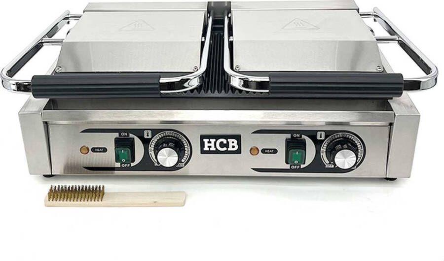 HCB Professionele Horeca Paninigrill dubbel geribbeld 230V RVS INOX panini grill Tosti apparaat contact grill 56.5x30.5x20 cm (BxDxH) 20 kg