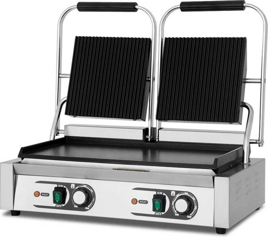 HCB Professionele Horeca Paninigrill dubbel geribbeld glad 230V RVS INOX panini grill 56.5x30.5x20 cm (BxDxH) 20 kg