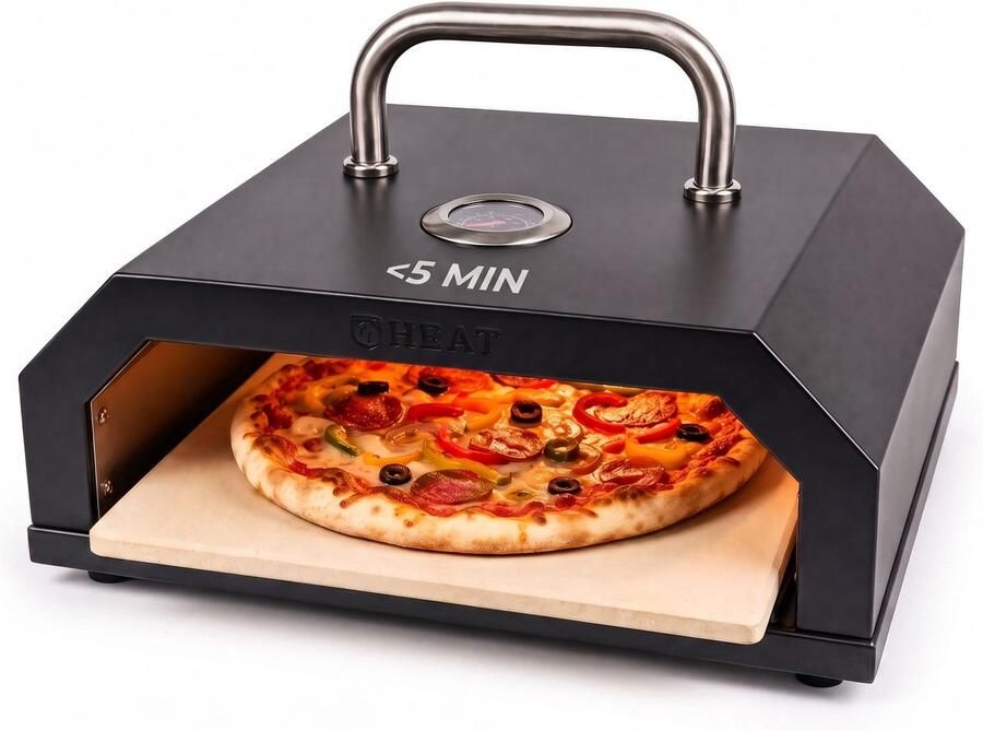 HEAT OUTDOOR LIVING HEAT Eldhus Pizza Box Pizzaoven Inclusief Pizzasteen & Thermometer Geschikt voor Barbecue & Vuurschaal Zwart 35x45x12 cm