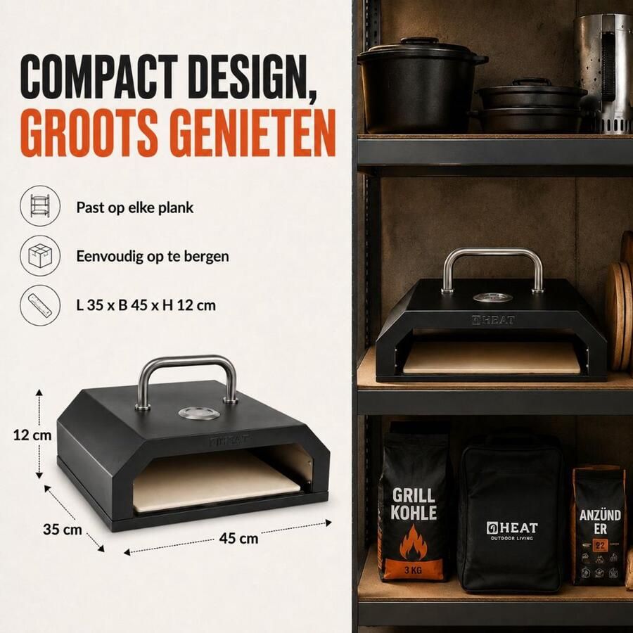 HEAT OUTDOOR LIVING HEAT Eldhus Pizza Box Pizzaoven Inclusief Pizzasteen & Thermometer Geschikt voor Barbecue & Vuurschaal Zwart 35x45x12 cm