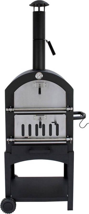 HEAT OUTDOOR LIVING Ovnhus Pizza Oven Stijlvolle Multifunctionele Buitenpizzaoven en Grill met Ruime Pizzasteen Verstelbare Luchttoevoer Ingebouwde Thermometer Handvat en Wieltjes voor Eenvoudige Verplaatsing Met Opbergmogelijkheden 160 cm