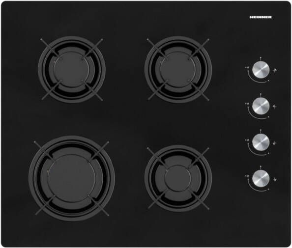 Heinner HBH-M402IEGBK Inbouw Kookplaat – 60 cm – Zwart Glas – 4 Gasbranders – Elektronische Ontsteking – Vlambeveiliging