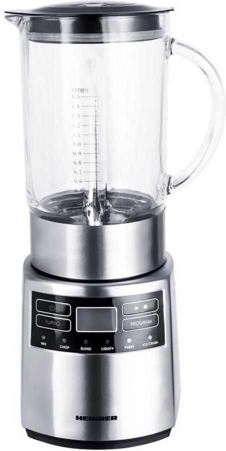 Heinner Blender – 1000W – 1 5L Glazen Kan – LCD-display – 5 Snelheden + Pulse – IJscrusher – 6 RVS Messen – Elektronisch Bedieningspaneel – RVS